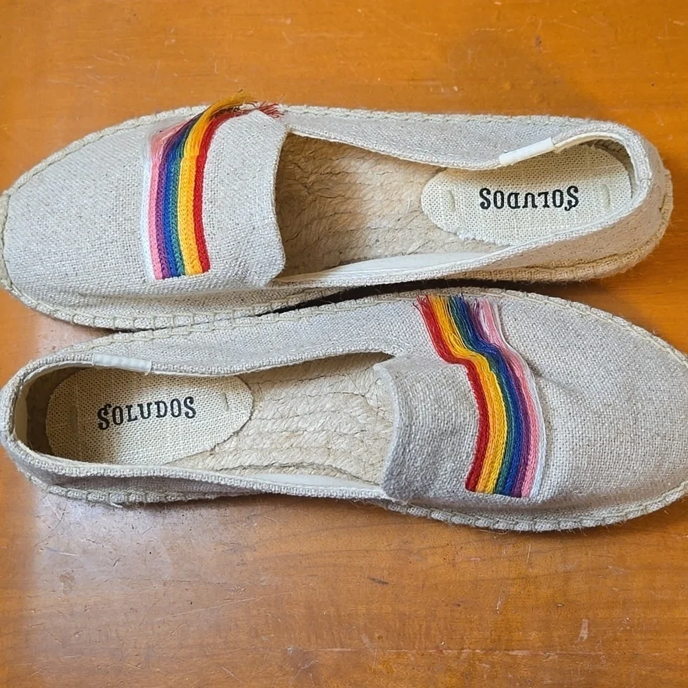 Soludos Beige Espadrilles with Rainbow Stripes